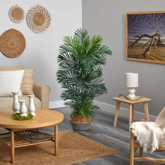 5ft. Areca Artificial Palm Tree in Boho Chic Handmade Cotton & Jute Gray Woven Planter UV Resistant (Indoor/Outdoor) {5}