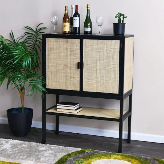 Hello Honey&reg; 47" Boho Woven Rattan and Wood Cabinet with Doors, Shelf, and Interior Storage Compartments Black and Natural {5}