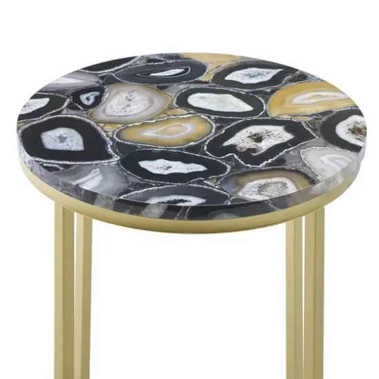 Walker Edison 16" Faux Stone Round Glam Side Table Faux Black Agate/Gold {8}