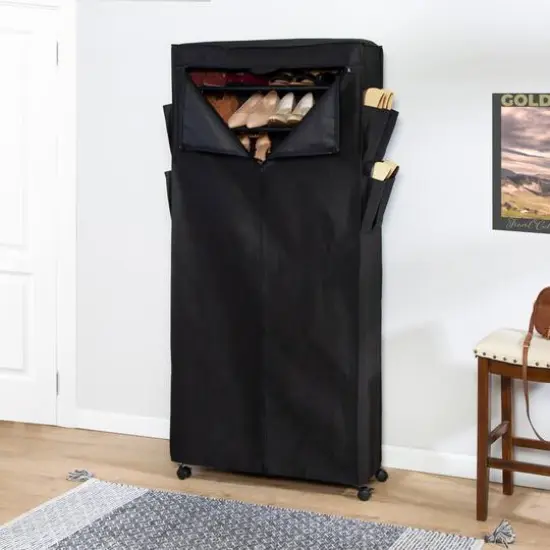 Honey Can Do Black 30 Pair Rolling Shoe Rack & Shoe Rack Cover {3}
