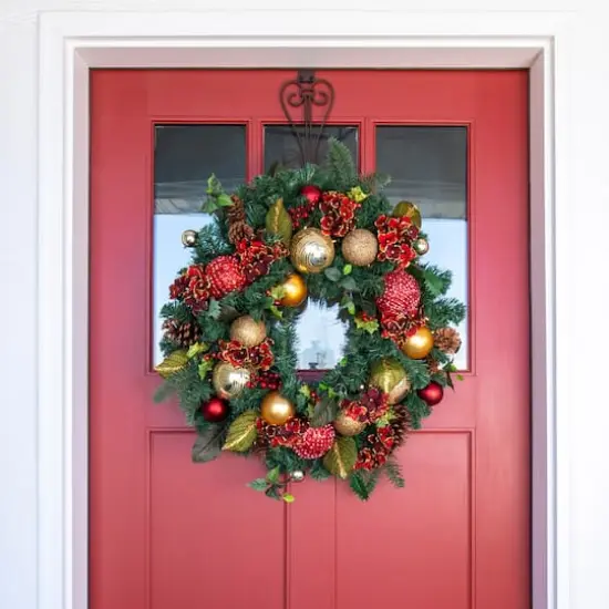 Village Lighting 30" Pre-Lit Scarlet Hydrangea Christmas Wreath, Clear LED Lights {5}