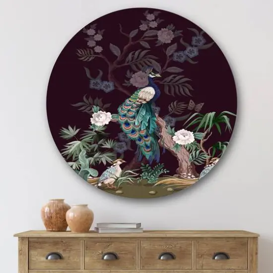Designart - Chinoiserie With Birds and Peonies V - Traditional Metal Circle Wall Art {4}