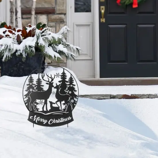 Glitzhome&reg; 2.5ft. Metal Water Globe with Reindeer Family Silhouette Yard Stake {3}