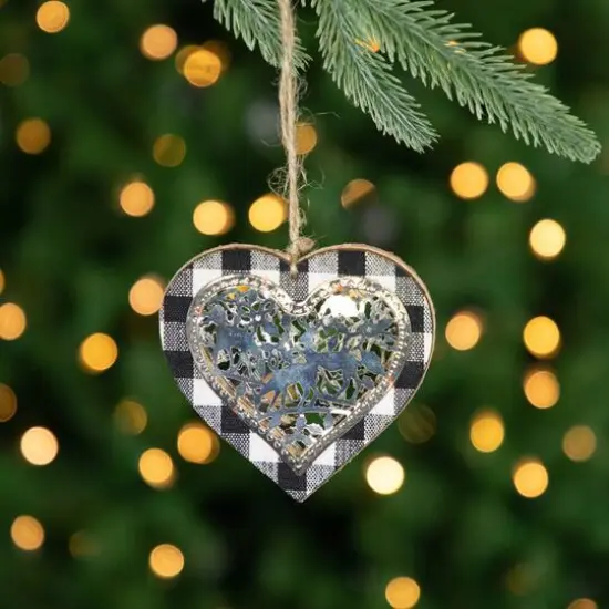 4.25" Black and White Buffalo Plaid Heart with Reindeer Christmas Ornament {6}