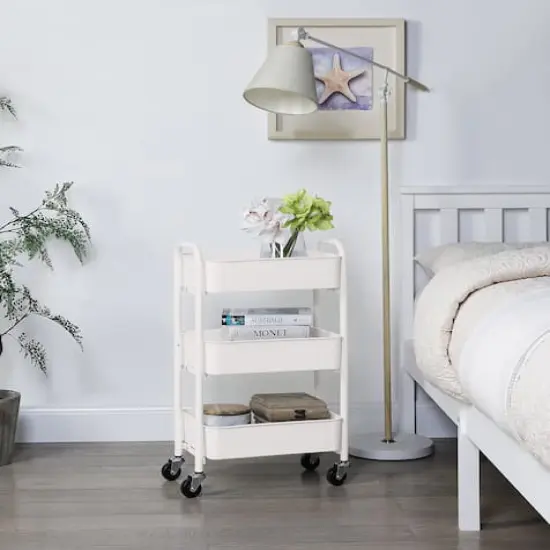 SunnyPoint Compact 3-Tier Metal Rolling Cart White {3}