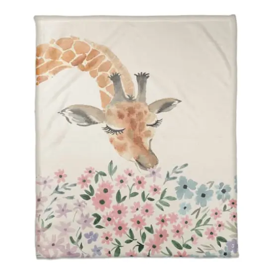 50" x 60" Giraffe Smelling Flowers Coral Fleece Blanket {1}