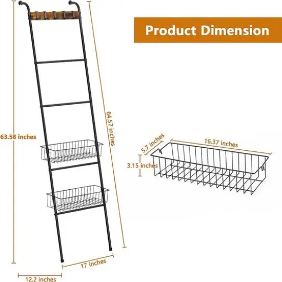 NEX&trade; 64" Black Blanket Ladder Leaning Towel Holder with 2 Metal Baskets {3}