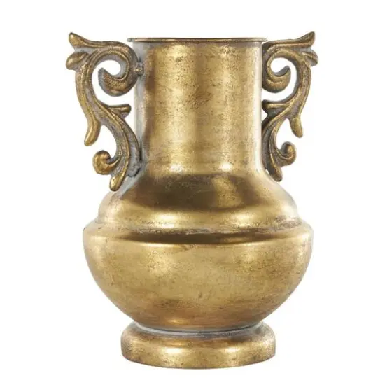 Gold Metal Weathered Vintage Amphora Decorative Vase with Scroll Handles {9}
