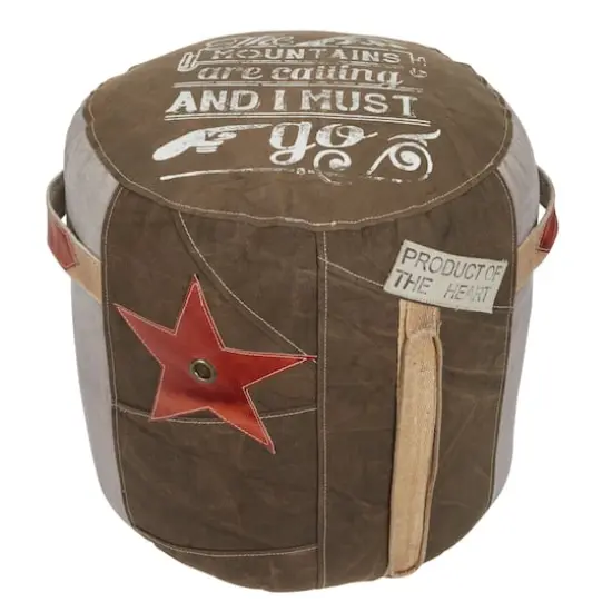 Brown Canvas and Leather Rustic Pouf, 19" x 17" x 17" {1}