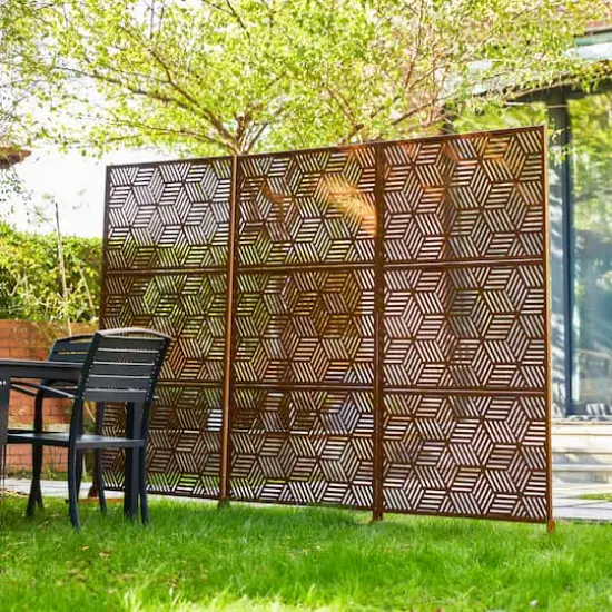 Glitzhome&reg; 6ft. Brown Galvanized Steel Geometric Pattern Privacy Screen Fence Panel & Room Divider {5}