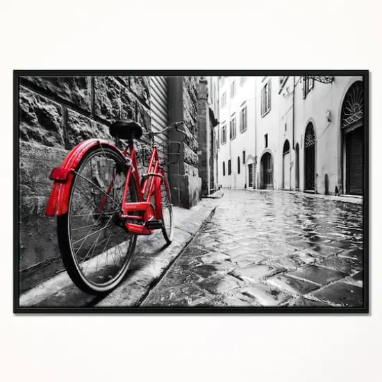 Designart - Retro Vintage Red Bike - Cityscape Photo Framed Canvas Art Print Black {4}
