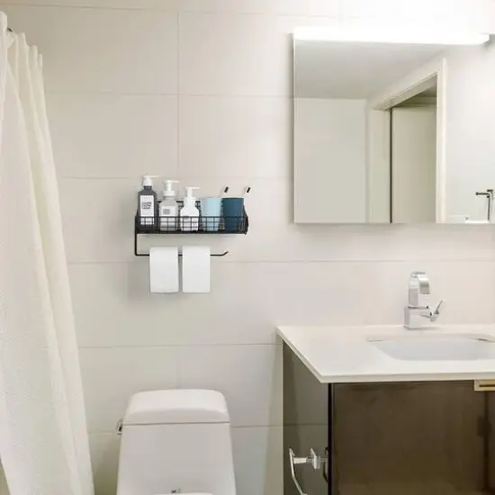 NEX&trade; 16" Black Wall Mounted Wire Basket Shelf & Paper Roll Holder {6}