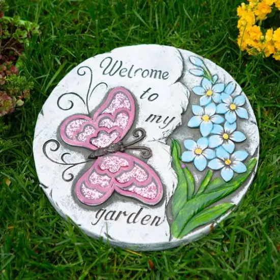 Pink Butterfly Garden Stepping Stone, 9.75" x 9.75" x 0.75" {5}