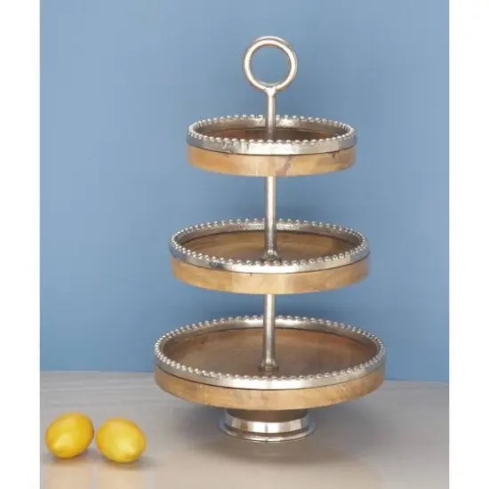 25" Brown Wood& Aluminum 3-Tier Tray Stand {5}