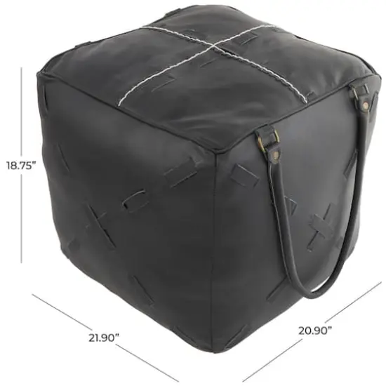 22" Leather Pouf with Woven Straps & Handles Black {9}