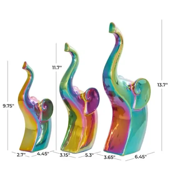 Multicolor Ceramic Elephant Sculpture Set with Rainbow Shimmer Finish {4}