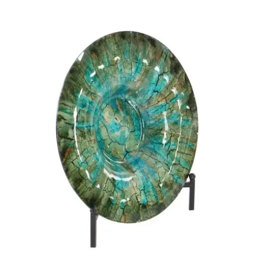 18" Green & Turquoise Glass Glam Decorative Plate with Stand {3}