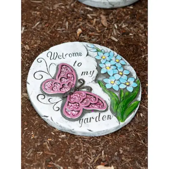 Pink Butterfly Garden Stepping Stone, 9.75" x 9.75" x 0.75" {6}