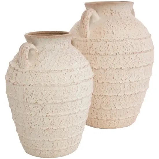 Cream Ceramic Textured Vase Set with Handles & Terra Cotta Accents {4}