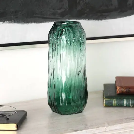 11" Green Ombre Handmade Abstract Textured Rectangular Glass Vase {3}