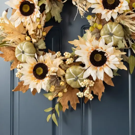 Glitzhome&reg; 24" Fall Neutral Sunflower, Pumpkin and Leaf Wreath {5}