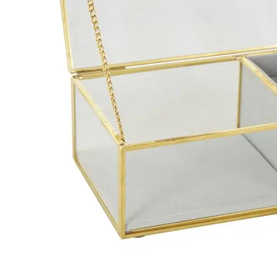 7" x 4" x 3" Clear & Gold Glass & Metal Jewelry Box with Chain Accent & Fabric Ring Slots {6}