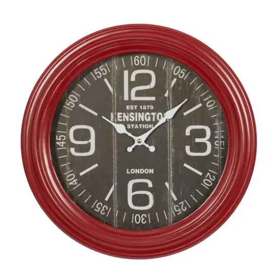 Farmhouse Round Red Metal and Wood Kensington Station Wall Clock, 14" x 14" x 2.60" {1}