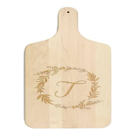 Floral Wreath Monogram Maple Paddle Cutting Board T {1}