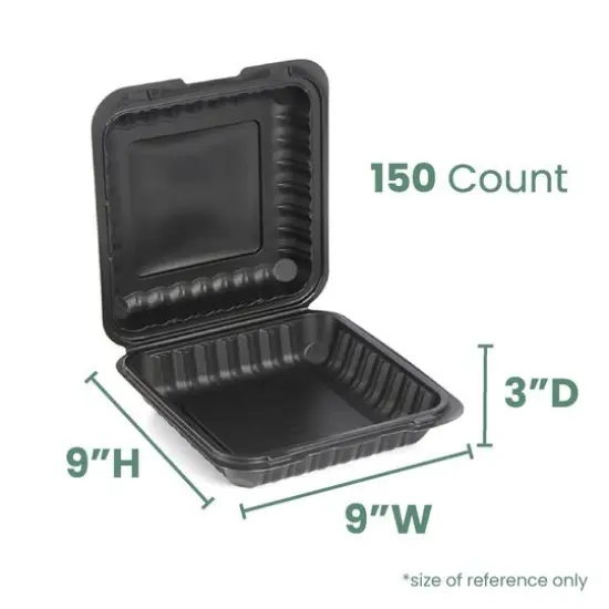 9" Black Single-Compartment Clamshell Take Out Containers, 150ct. {8}