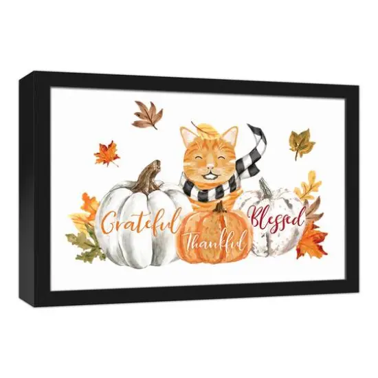 Kitty With Pumpkins Canvas Wall Art with Black Frame {3}