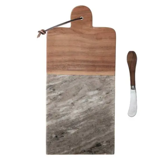 Hello Honey&reg; Marble & Acacia Wood Cutting Board Tray with Knife & Leather Tie {5}