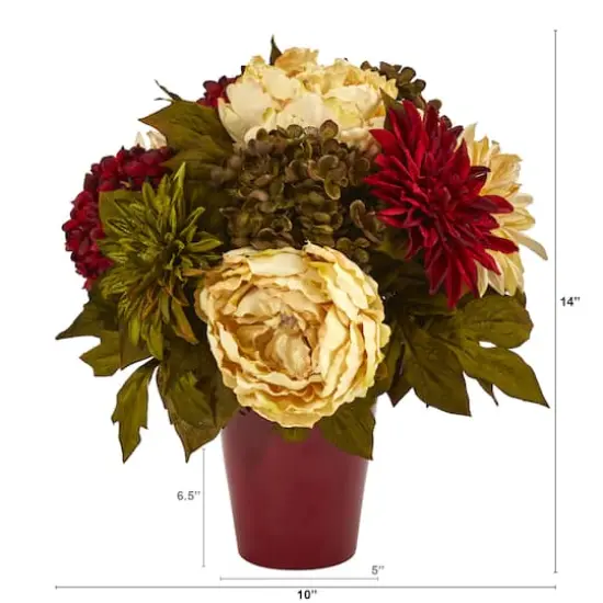 14" Peony, Hydrangea & Dahlia Arrangement in Burgundy Vase {3}