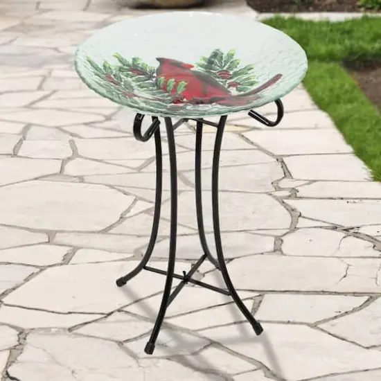 21" Red Cardinal & Pine Cone Glass Bird Bath with Stand {3}