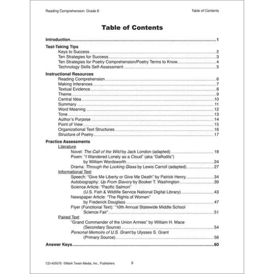 Mark Twain Reading Comprehension Workbook, Grade 8 {3}