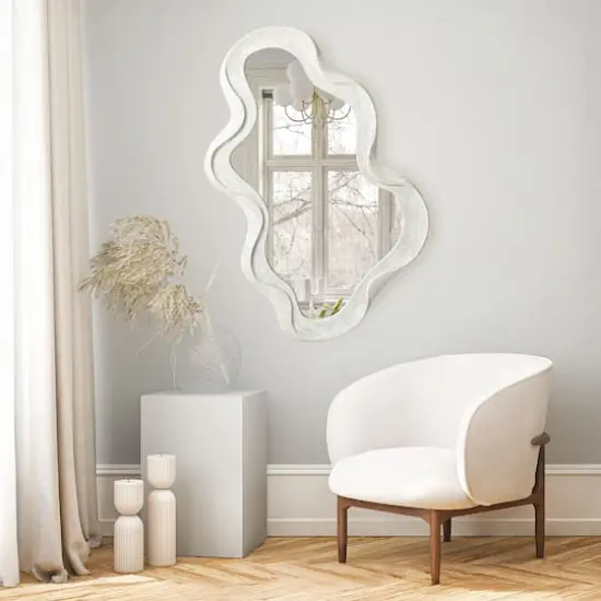 Glitzhome&reg; 31.75" Washed White Wood Frame Wavy Wall Mirror {6}