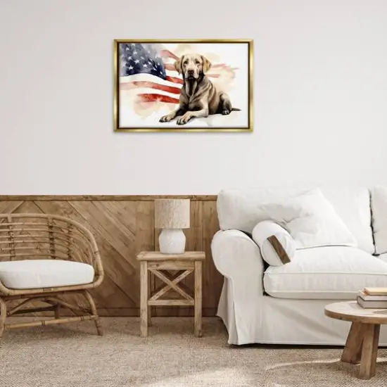 Stupell Industries Patriotic Dog with Flag Floater Framed Art Gold {3}