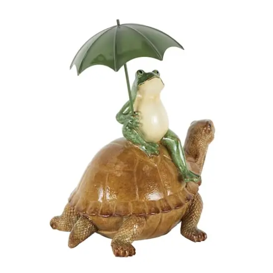 12" Bronze Sitting Frog Sculpture with Umbrella & Brown Walking Turtle {6}