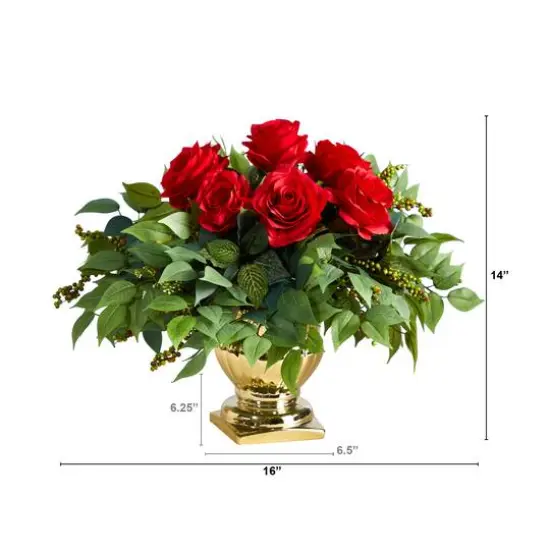 14" Red Rose Floral Arrangement in Gold Urn  {3}
