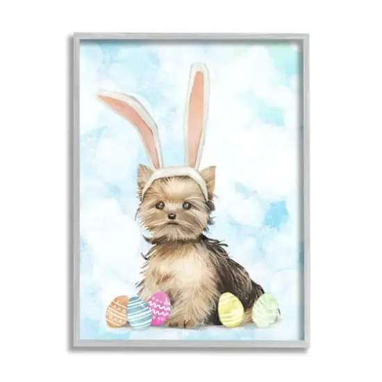 Stupell Industries Easter Yorkie Puppy Bunny Ears Patterned Eggs Framed Giclee Art Gray {1}