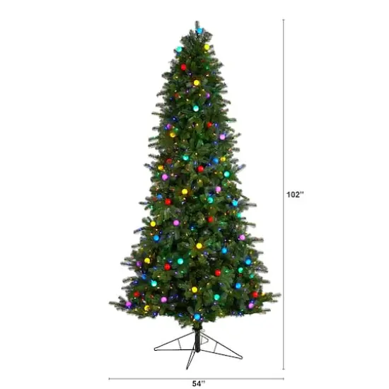 8.5ft. Pre-Lit Montana Mountain Fir Artificial Christmas Tree, Multicolor LED Lights & Globe Bulbs {3}