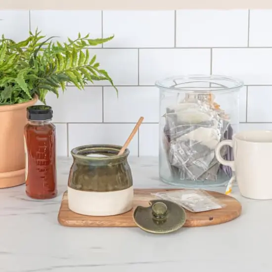 Hello Honey® 4.4" Green Stoneware Sugar Pot with Lid & Wood Spoon {3}