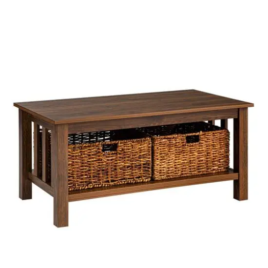 Walker Edison 40" Dark Walnut Mission Storage Coffee Table with Baskets {1}