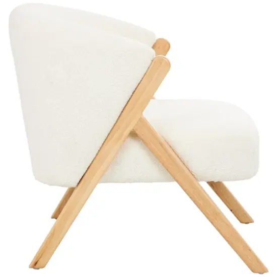 White Polyester Rounded Boucle Accent Chair with Angled Wooden Legs {3}