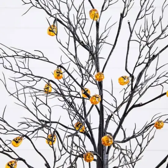 4ft. Pre-Lit Artificial Halloween Black Twig Tree with 24 Orange LED Pumpkin Shaped Lights {4}