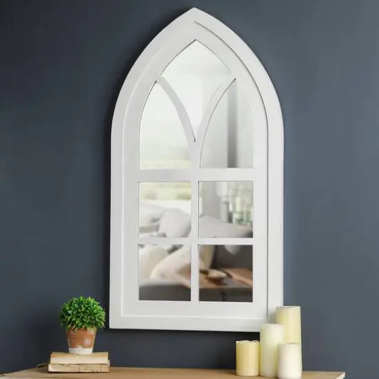 Glitzhome® 40" White Wooden Cathedral Windowpane Wall Mirror {4}