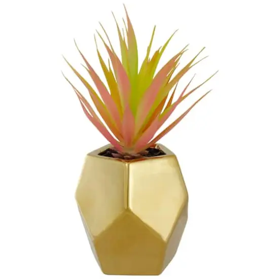 8" Green & Pink Sword Grass in Gold Geometric Pot {4}