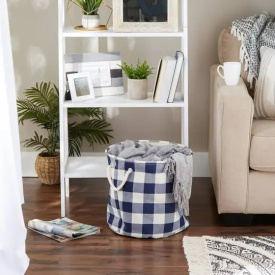 DII&reg; Large Round Off White/Navy Buffalo Check Polyester Bin {6}