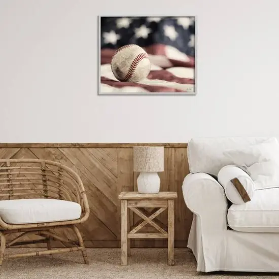 Stupell Industries Baseball & American Flag Framed Giclee Art Gray {3}
