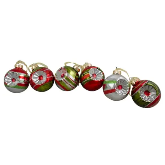 6ct. Silver & Red 2-Finish Retro Reflector Christmas Glass Ball Ornaments {1}