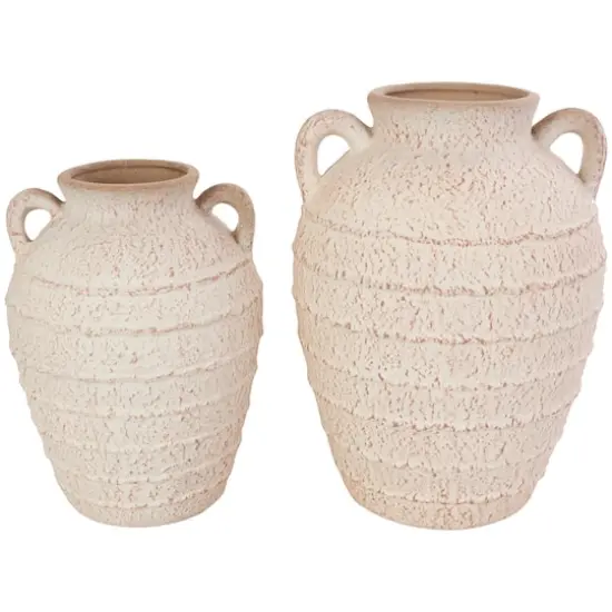 Cream Ceramic Textured Vase Set with Handles & Terra Cotta Accents {1}